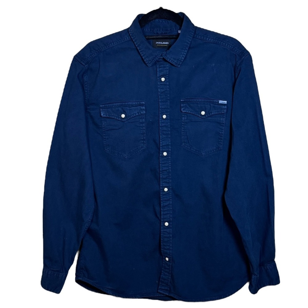 Jack Jones Men Blue Long Sleeve Casual‎ Button Snap Shirt Size XLarge